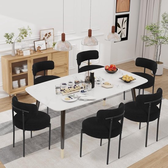 Puluomis Eetkamerstoelen - Set van 6 - Teddy Fleece - Lamsvacht - Metalen poten - Stoelen - Zwart - Gevoerde zitkussens - Gebogen rugleuning