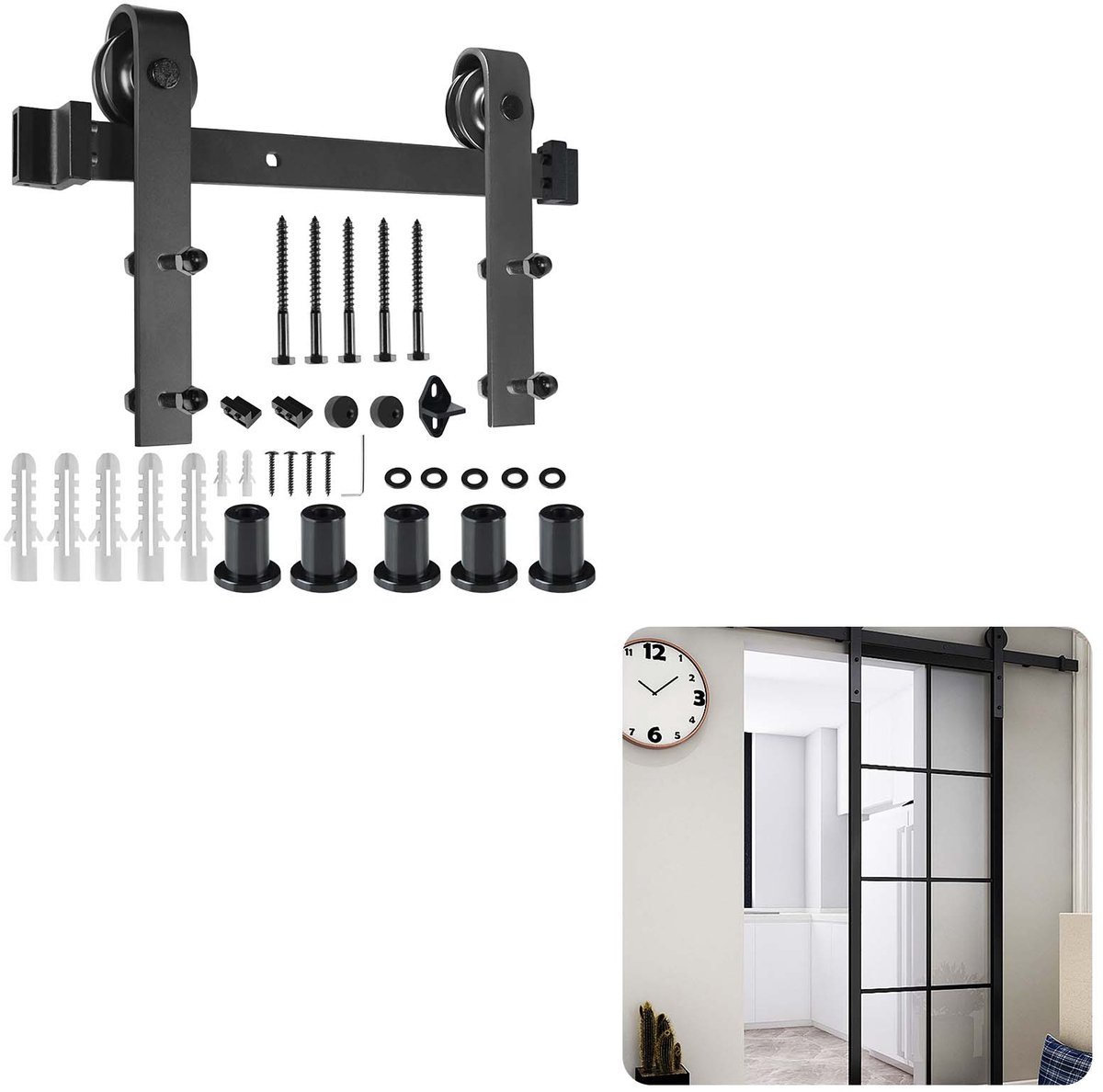 Aufun Schuifdeurbeslagset 200 Cm -Schuifdeursysteem -Schuifdeuren Van Koolstofstaal-Max. Belasting 130 Kg- Voor 35 Mm-45 Mm Dikke Deuren