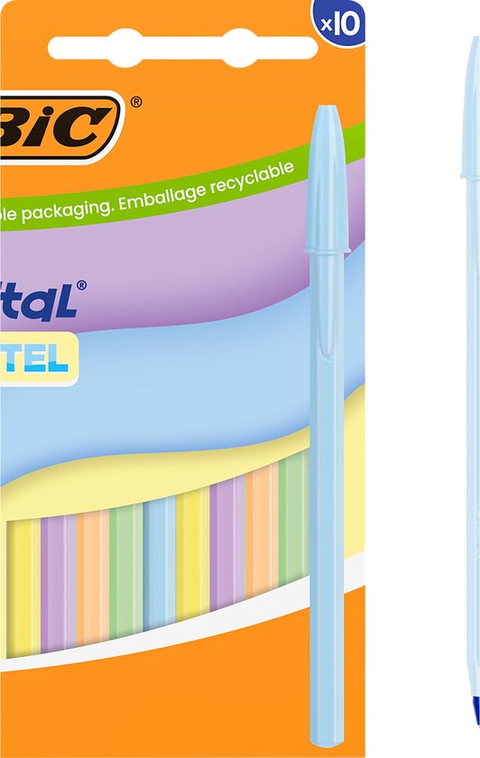 BIC Cristal Pastel Stylo à bille - 10 Pièces - 5 Couleurs Pastel - Encre Bleue Rechargeable - Pointe Moyenne 1 mm