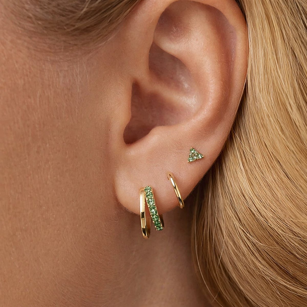 Dubbele Hoop Oorbellen Set met Groen Zirkonia Stenen - 18K Verguld Dames Oorbellen - 925 Sterling Zilver - Dames Sieraden