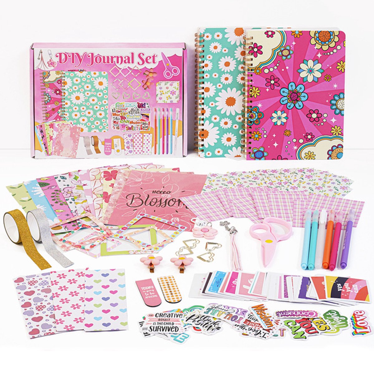 Topmelon Bullet Journal Set - Dagboek Set Met Méér dan accessoires - Notitieblok - kleur glitterpen -haar clip - Glittertape - Hartvormige Paperclips - hanger - Stickers - Sjablonen - Scrapbook voor Meisjes