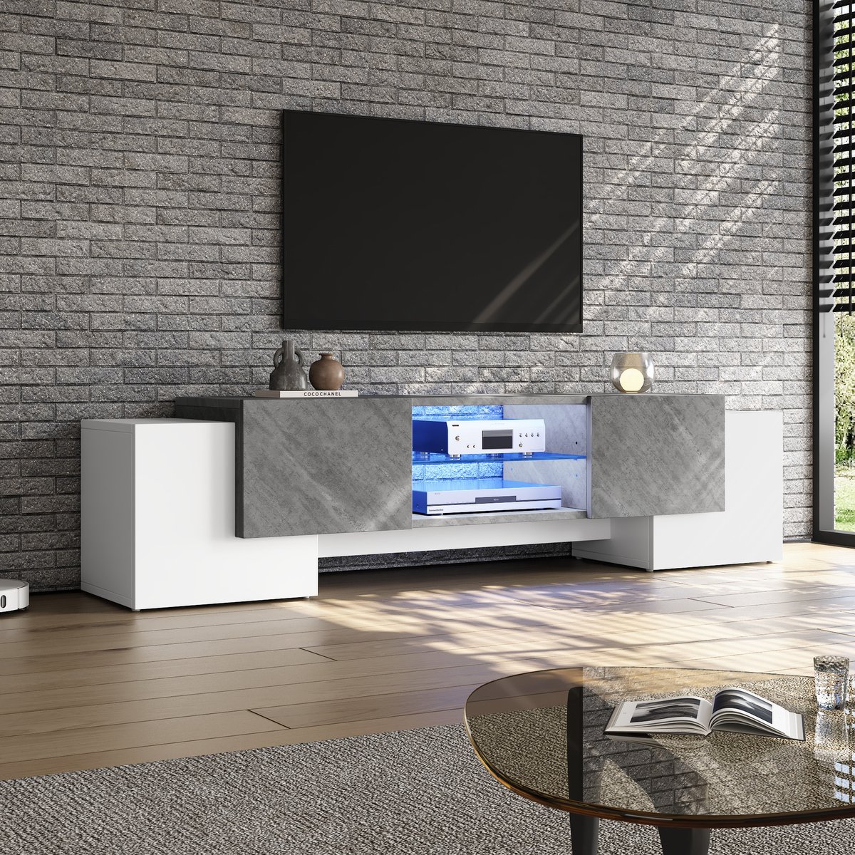 REDOM TV-meubel 180x40x46.5 cm van MDF, wit-grijs modern design met LED-lichtstrepen en L-deuren