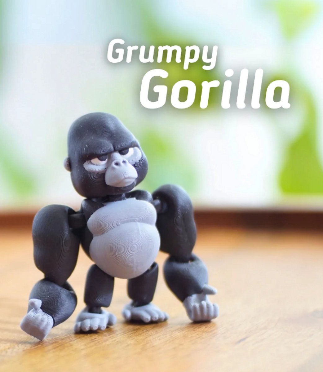 Brommerige Gorilla 3D Print - Vera's Arts & Dice - Grumpy Gorilla 3D Print - Speelgoed - Aap Apen - Gorilla Figuur - Verzamelobject - Zwart Grijs Wit