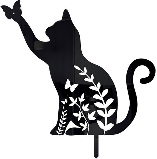 Bouchon de jardin en métal - chat attrape un papillon - décoration de jardin - noir