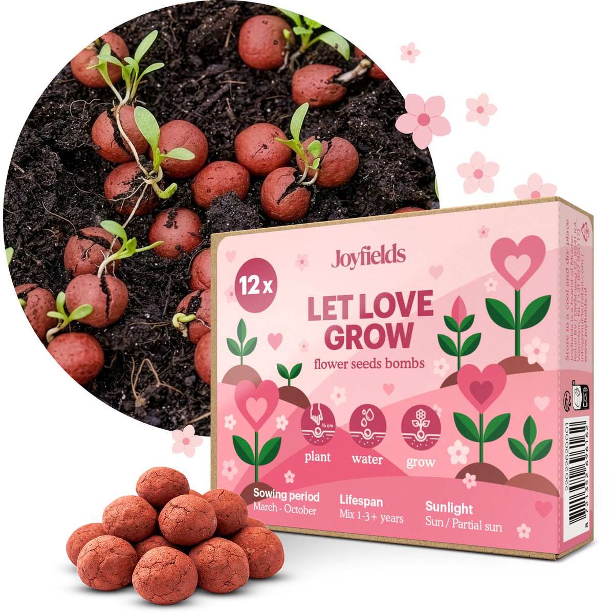 Joyfields - Let Love Grow - Bloembommetjes 12 stuks - Biologische wilde bloemzaden - Handgemaakte bloembommetjes - Leuk cadeau