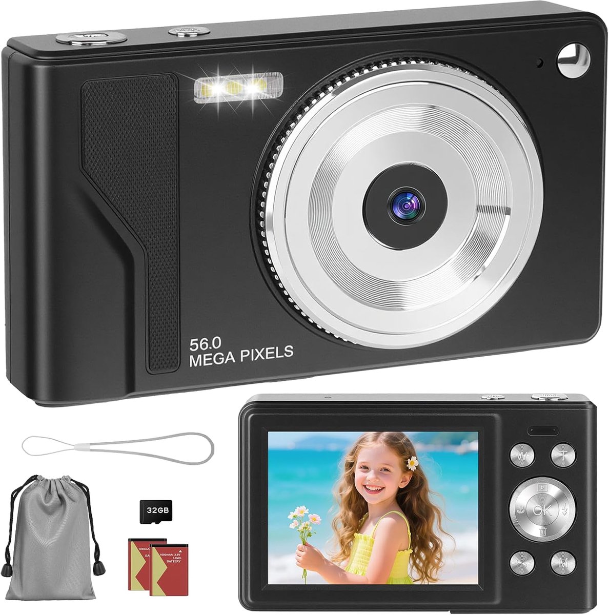 Digitale Camera 56MP - 1080P FHD Fotokamera - Autofocus - 16X Digitale Zoom - Compacte en Draagbare Camera - 2.8 Inch LCD Scherm - Inclusief 32GB SD Kaart en 2 Accu’s - Zwart
