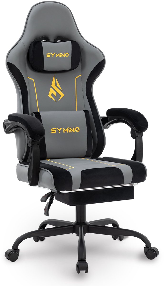Symino Gamingstoel met latex rugleuning en zitkussen, ergonomische bureaustoel, racestoeldesign, pc-stoel, verstelbare draaibare bureaustoel met voetensteun, draagvermogen 130 kg, Grijs/Zwart