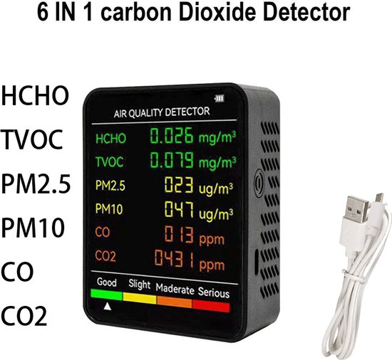 6-in-1 - Luchtkwaliteitsmonitor - HCHO, TVOC, PM2.5, PM10, CO, CO2 - Multifunctionele luchtkwaliteitsdetector - Koolstofdioxide- en formaldehyde-monitor - Groot LCD-scherm - Draagbaar - Luchtkwaliteitstester - Zwart