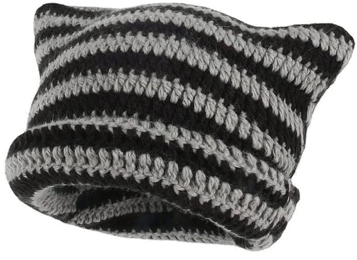 longziming - Winter Gebreide Slouchy Muts - Y2K Cat in The Hat Beanie - Gehaakt - Streep - Warme Hoed voor Herfst en Winter - Grunge Stijl Accessoire - Unisex Accessoire
