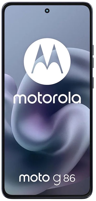 Motorola moto g86 5G in donkergrijs, met het scherm naar voren gericht waarop het motorola logo staat.