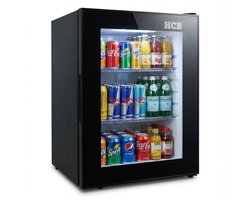 HCB® - Professionele Horeca Minibar koeling - 40L - Mini Koelkast met glazen deur - Kleine drankenkoelkast - D - Zwart - Flessenkoelkast - Bier koelkast - tafelmodel - 42.2x40x56.8 cm (DxBxH) - 13 kg - Frigo - 9968