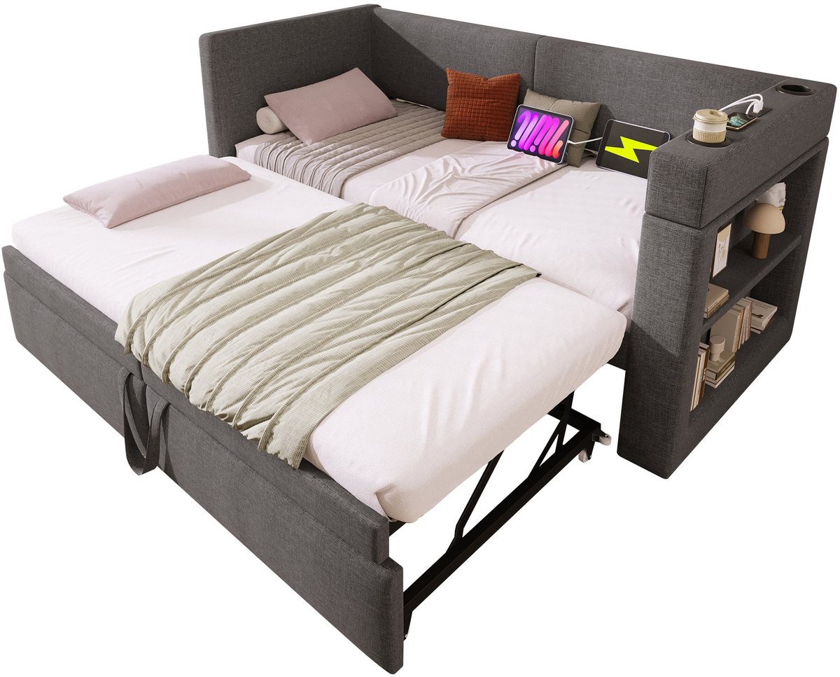 Merax Slaapbank 90x200 cm - Logeerbed met Uitschuifbed - 2 Slaapplaatsen 90x200 of 180x200 - USB & Type-C Oplaadpunten - 2 Bekerhouders - Armleuning met Opbergvakken - Linnenmix - Grijs - Zonder Matras