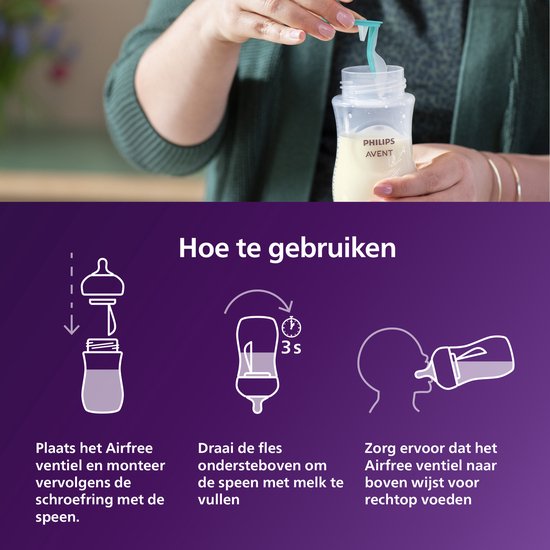 Illustratie van het monteren en gebruiken van de Philips Avent babyfles.