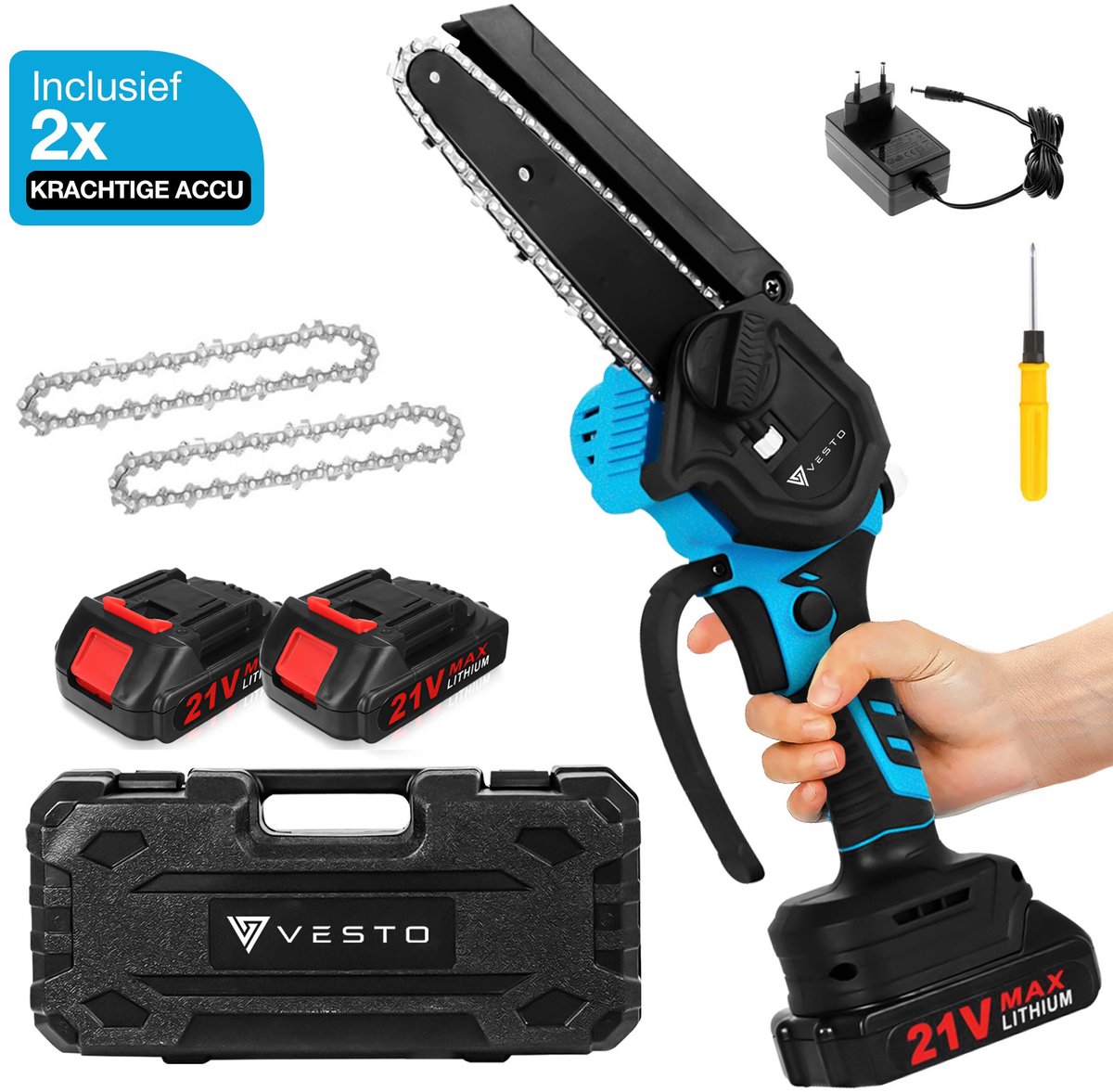 Bol.com Vesto® Mini kettingzaag – Draadloos Inclusief 2 Led-Accu's – Heggenschaar Accu - Elektrisch Handkettingzaag - Snoeizaag ... aanbieding