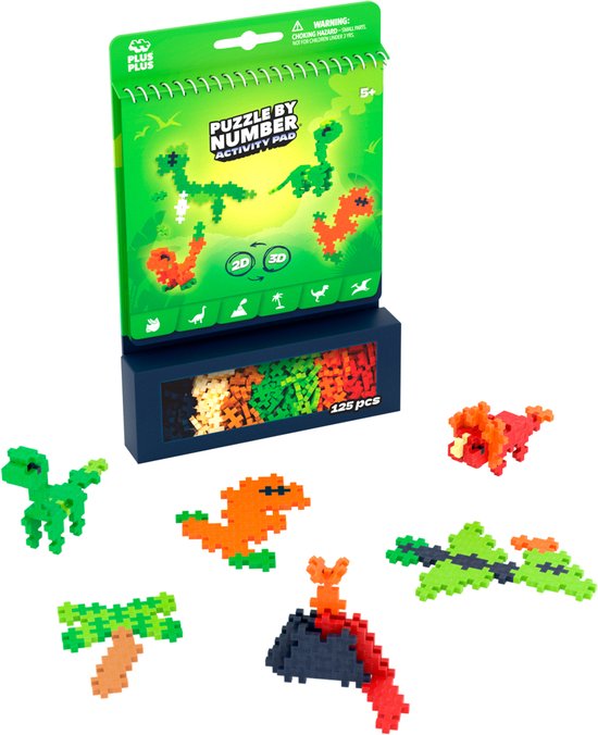 Plus Plus Dino bouwstenen: groene dino, oranje dino, rode dino, groene vliegende dino, vulkaan, palmboom.