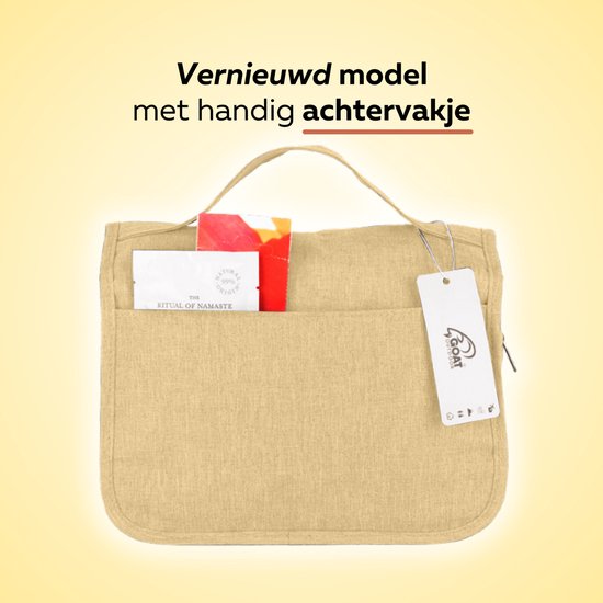 Achterkant beige toilettas met een groot opgestikt vak waar kaarten in zitten.