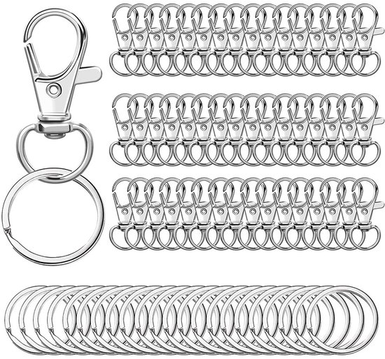 Sleutelring - 50 Stuks - Sleutelringen - met 50 Karabijnhaak - Sieraden maken - Musketonhaak - Karabijnhaak - Sleutelhanger - Karabijn haak ringen - Keychain Zelf Maken Karabijnsluiting - Keychain Sleutelring DIY Knutselpakket - 25 mm - Zilver