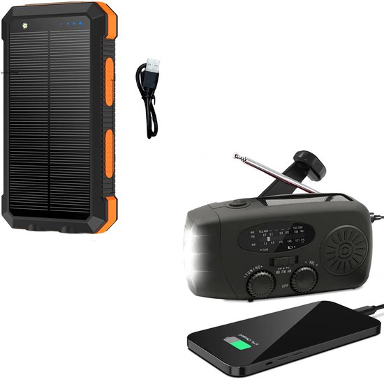Radio Op Batterijen (Accu) Voor Rampen - Inclusief 10.000 mAh Solar Powerbank - Powerbank Zonneenergie - Radio Opwindbaar - Noodradio - Noodradio Solar Opwindbaar - Zwart