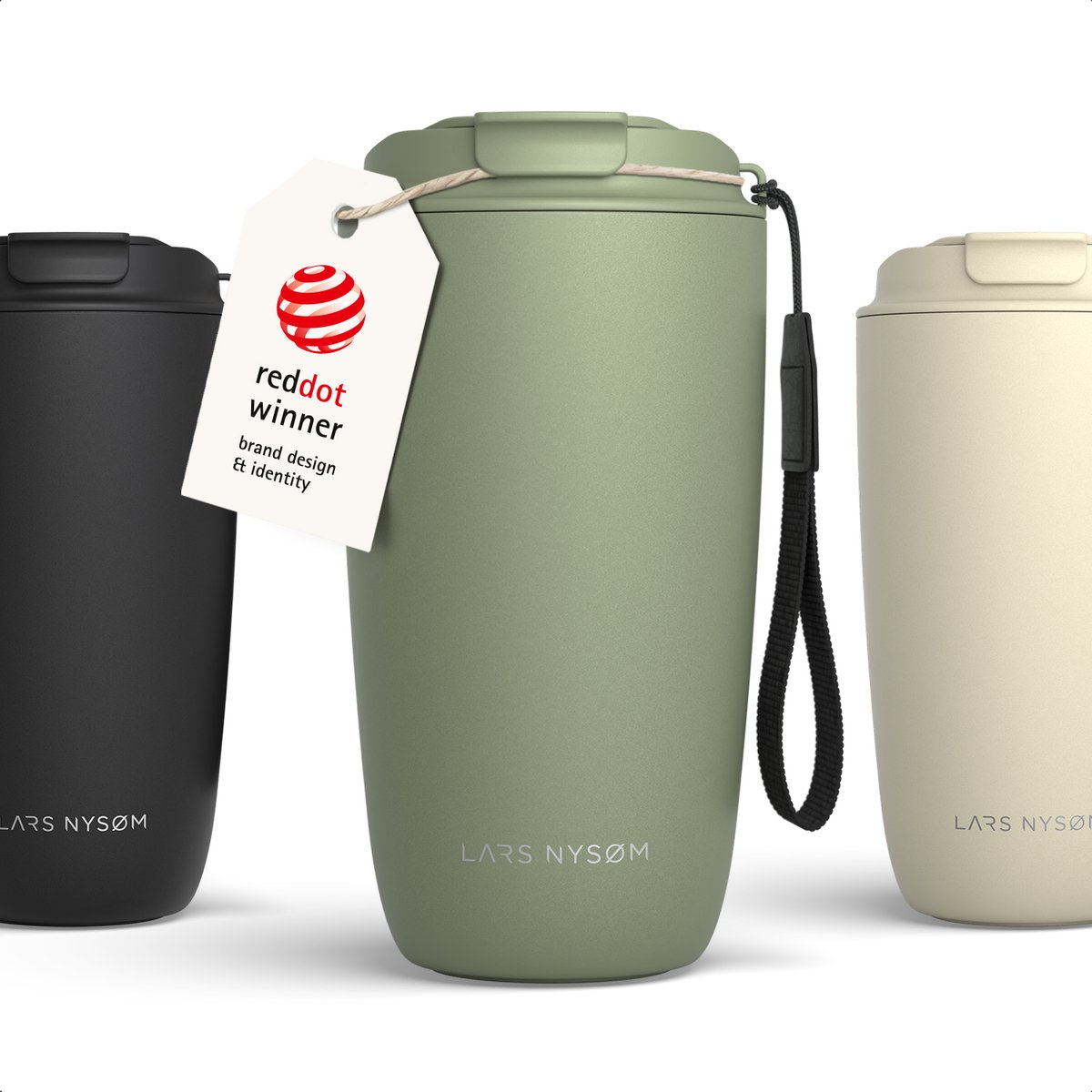 LARS NYSØM Nøgen Thermo Coffee Mug-to-go 500ml - BPA-vrij met Isolatie - Met Draagriem & Tritan Deksel (Sage Green)