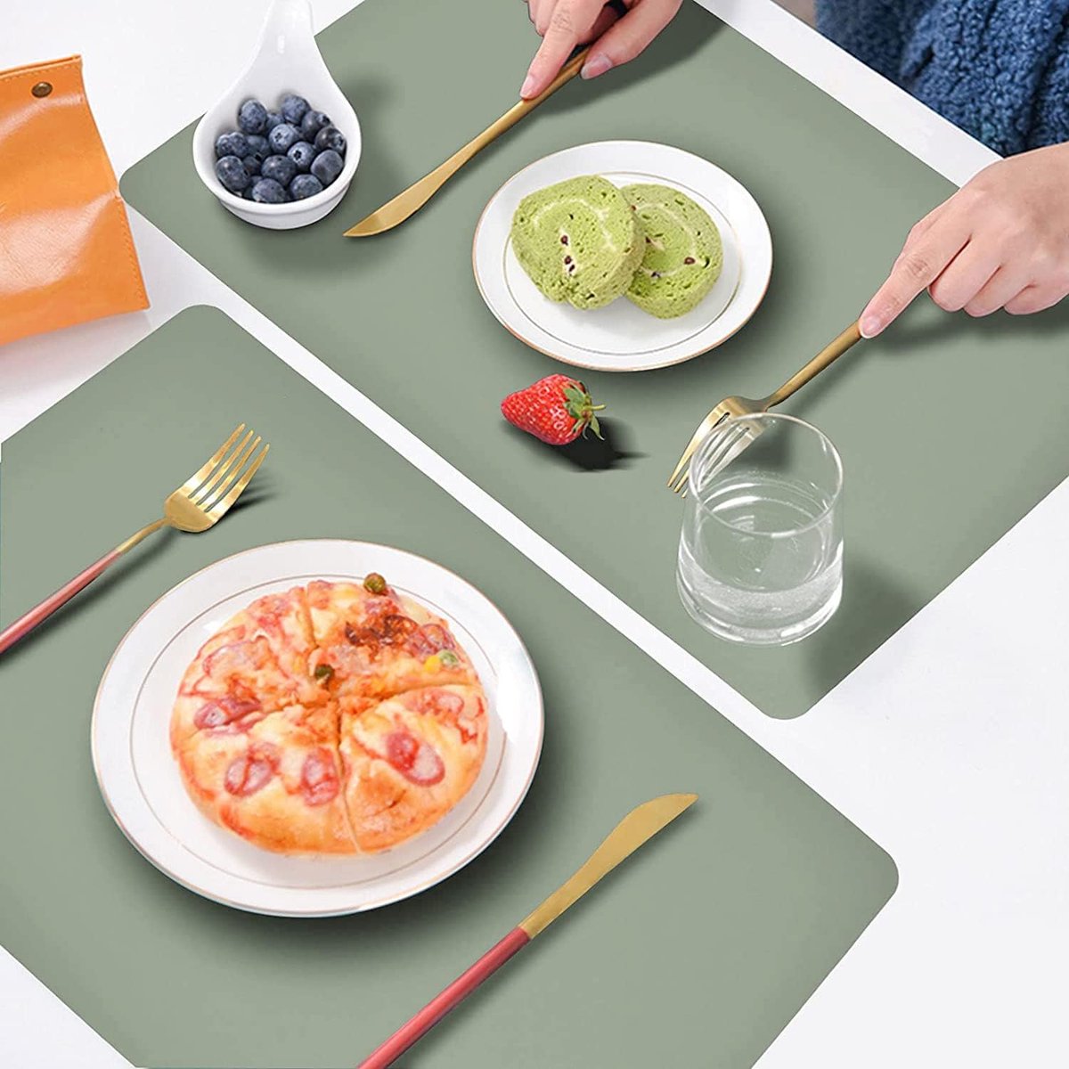 Candala Wasbare placemats, afwasbaar, leer, hittebestendig, dubbelzijdig, set van 6 placemats, lederlook met onderzetters, antislip tafelonderzetters, saliegroen