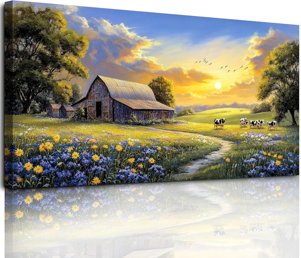 Groot Canvas Schilderij 59x119 Cm – Moderne Koeien Op Weide - Stijlvolle Wanddecoratie Voor Woonkamer - Slaapkamer - Keuken & Kantoor