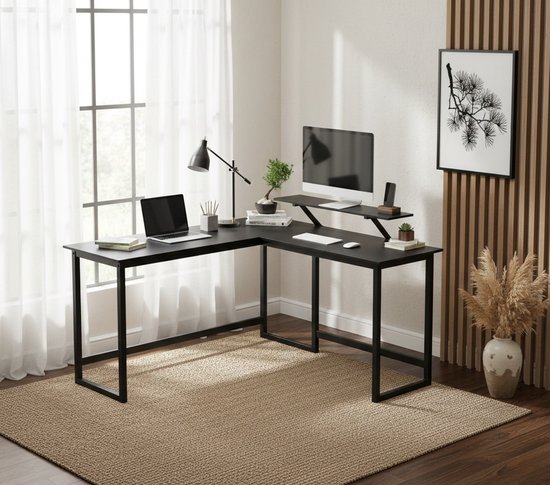 MIRA Home - MAZAZU Hoekbureau - L-vormig Bureau - Met Monitorstandaard - Computertafel - Thuiswerkplek - Industrieel - 140x130x76 cm