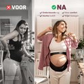 Vergelijking van zwangere vrouw met nekpijn en druk op onderrug (voor) met zelfde vrouw die buikband draagt en beweegt (na).