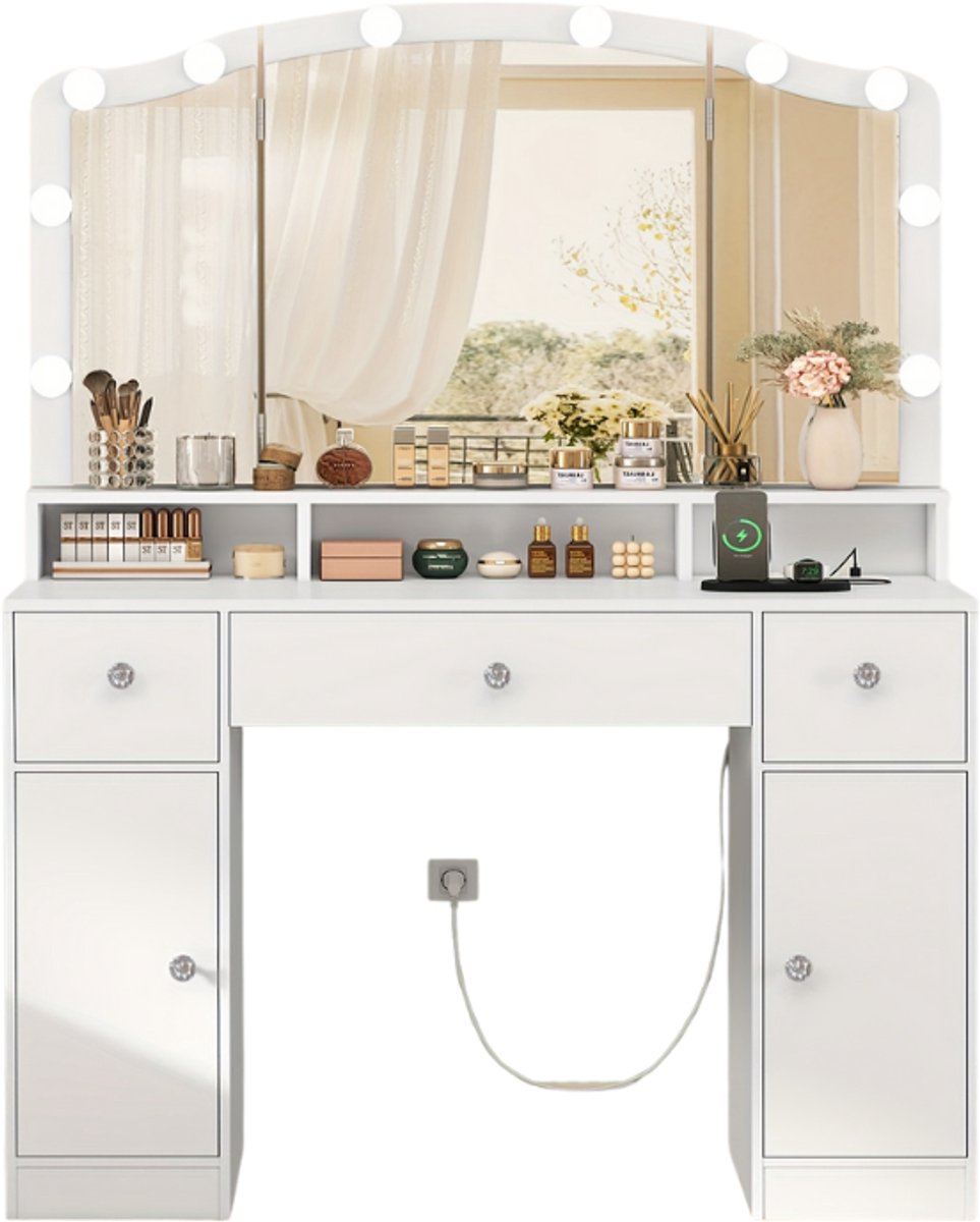 J.T.R Kaptafel-Make up tafel met spiegel en verlichting -Moderne Kaptafel en Make-up spiegel met 3 Opvouwbare Spiegels- 3 Lades en 2 Kastjes-(102x40x 144.2)cm- Wit.