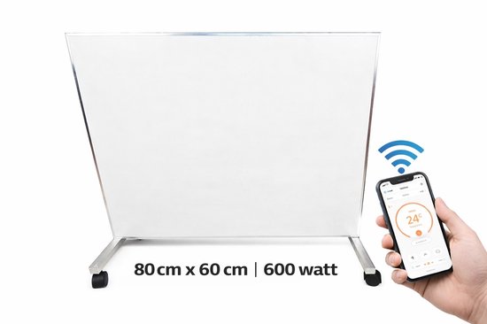 Wit infrarood verwarmingspaneel van 80x60 cm, 600 watt, met zilveren rand, wielen en een smartphone die hem bedient via wifi.