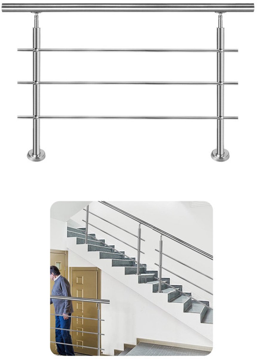 Aufun Roestvrijstalen Trapleuning-150 Cm-3 Dwarsbalken-Met 2 Staanders-Voor Trappen Balustrades Balkons