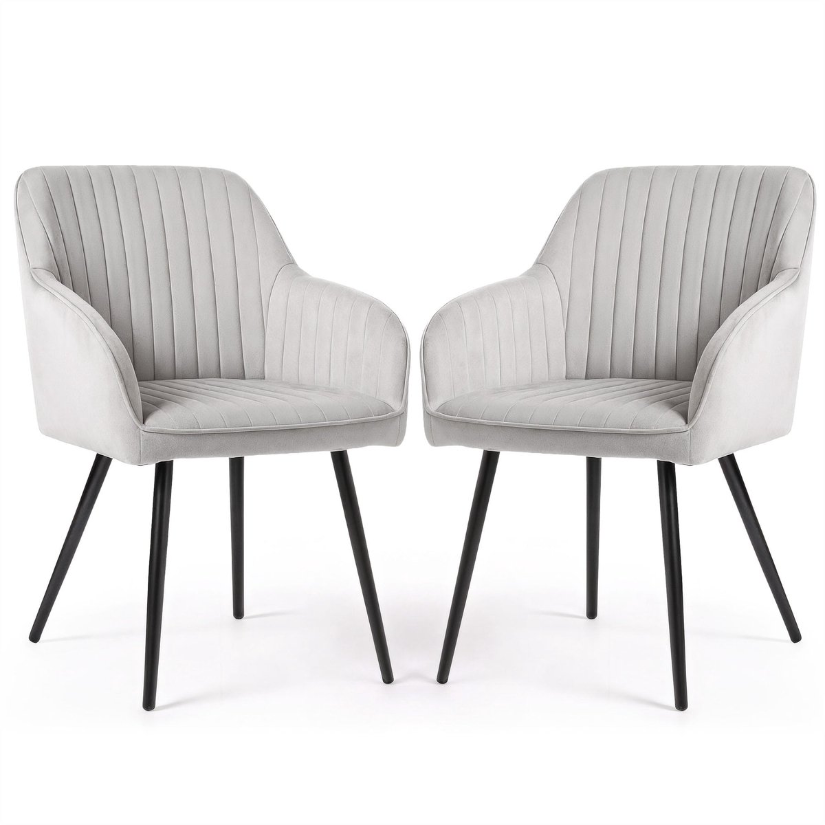 Set van 2 Eetkamerstoelen FLORENCE met Armleuningen / Gestoffeerde Stoelen / Fluwelen Stoelen en Metalen Poten / Grijs met zwarte benen
