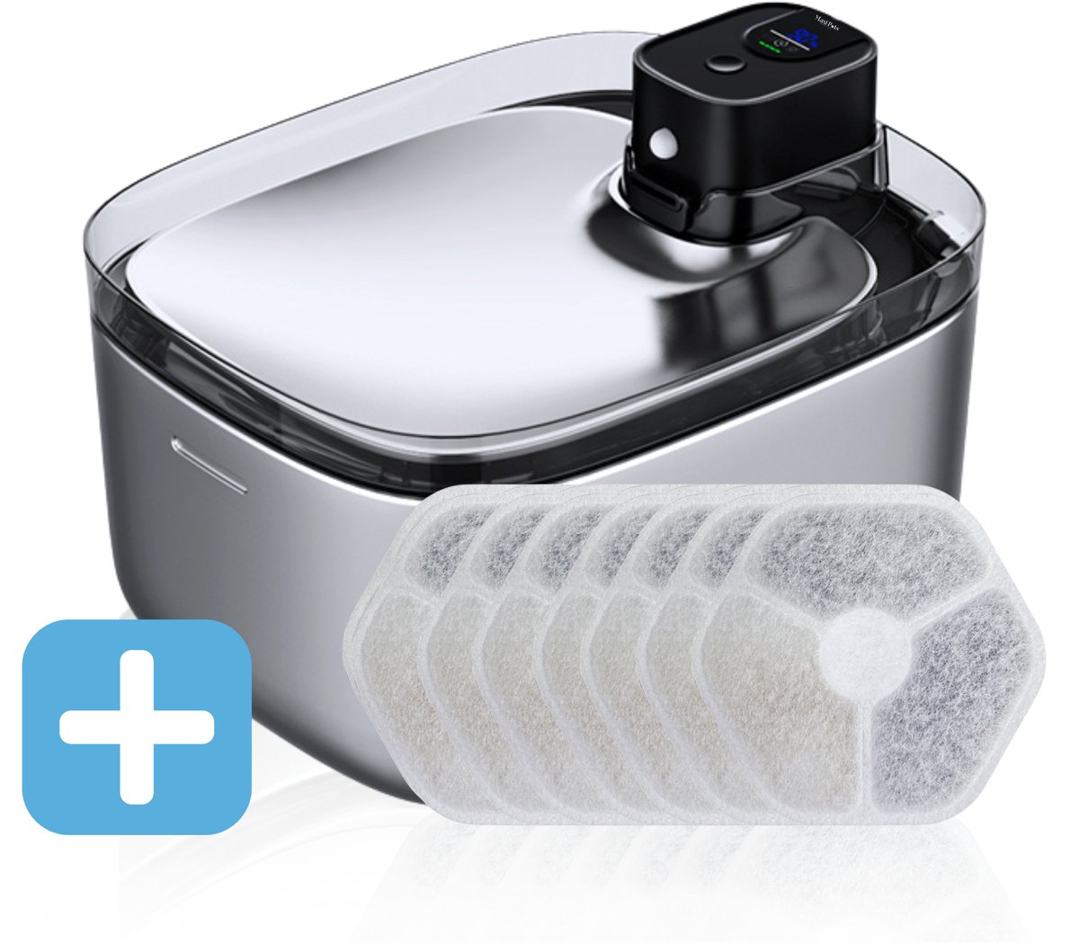 Maxipets Aqua NOVA® Draadloze Drinkfontein Kat & Hond - 5.5L RVS Kattenfontein met UV-sterilisatie & LCD Display – Waterdispenser met Sensor en Accu - Waterfontein kat - Fluisterstil <20dB - Incl. 7 Filters