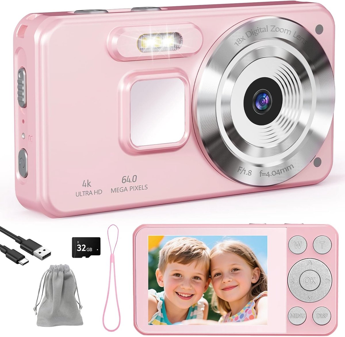 Digitale Camera 4K - 64MP Fotokamera - Fototoestel met 2.8 Inch LCD Scherm - 18X Digitale Zoom - Compact en Draagbaar Ontwerp - Beeldstabilisatie - USB-C Aansluiting - Inclusief 32GB SD Kaart - Vlog Camera - Roze