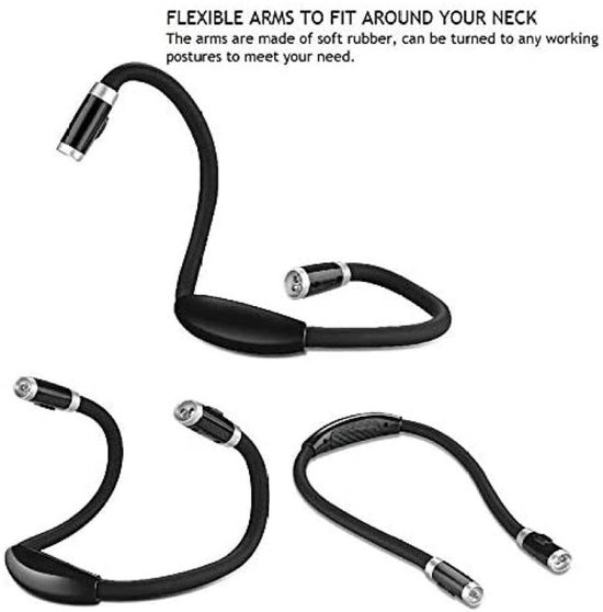 Boeklamp met 4 LED's, leeslamp voor om de nek, ideaal voor lezen in bed, hanglamp met 3 helderheidsniveaus, 2 flexibele, zachte armen, handsfree, perfect voor handwerk, breien, haken, enz. van Glocusent — afbeelding 4