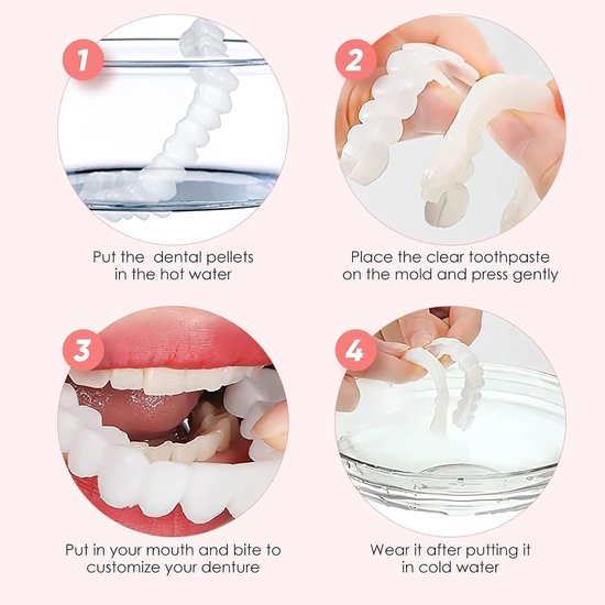 Instructies voor het aanpassen van de kunsttanden: 1. Pellets in heet water. 2. Plaats de tandpasta. 3. Pas aan in de mond. 4. Koud water.