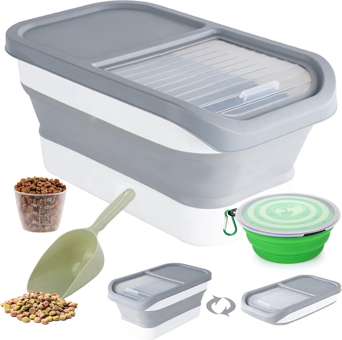 Stunq® Opvouwbare Voedselcontainer voor Huisdieren met Deksel en Maatbeker - 5 kg Capaciteit (Grijs)