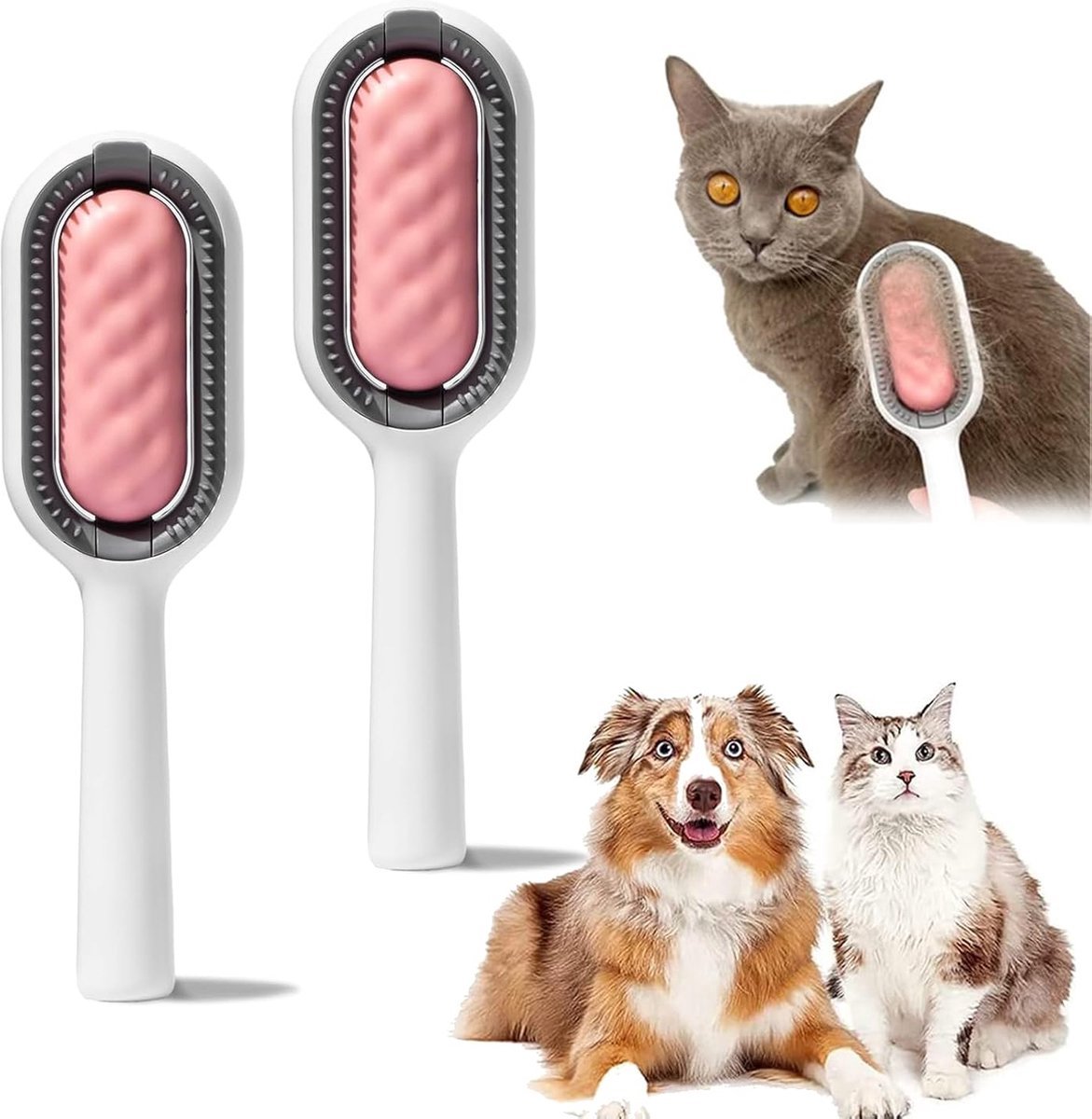 Stunq® Multifunctionele huisdierreinigingsborstel, 2 stuks, multifunctionele huisdierreiniging, ontharingskam, dierenhaarverwijderingskam met waterreservoir voor honden en katten (roze, kort haar,