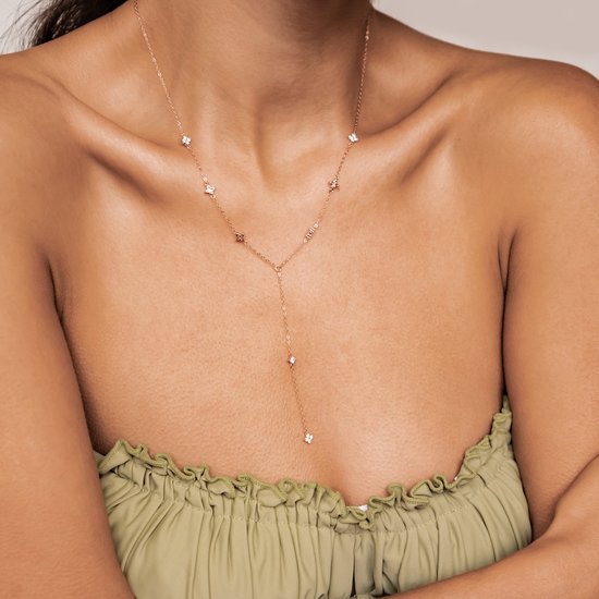 Hey Happiness Posy Y-Halsketting Dames 925 Zilver 18K Verguld – Met Zirkonia Bloem Hangers – Roségoud