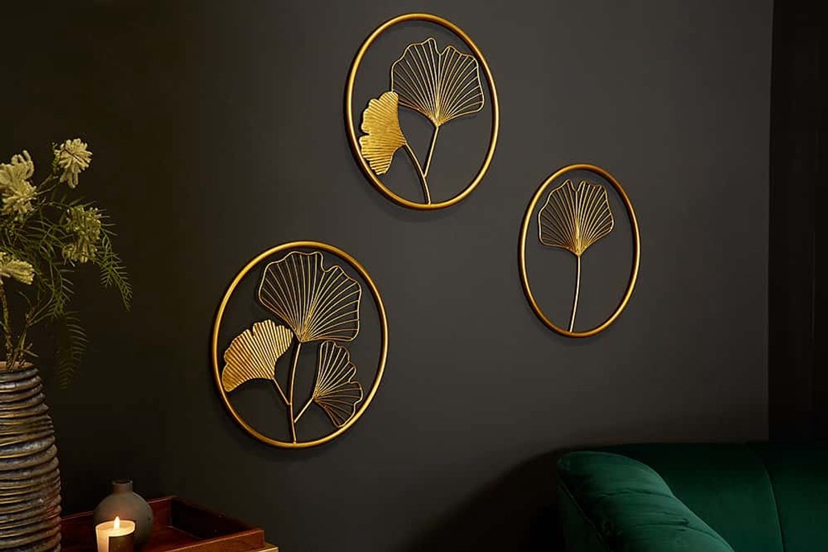Elegante wanddecoratie set van 3 GINKGO 40cm goud in filigrane bladvorm - 41273
