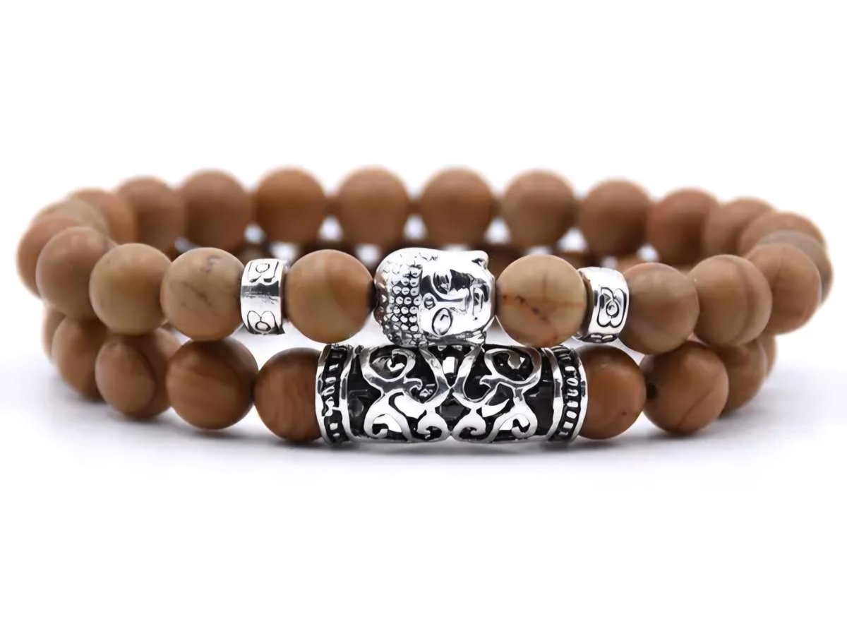 S4H Edelsteen Armband – 2-delige Set – Natuurlijke Bruine Jaspis Kralen – Buddha Armband voor Balans & Innerlijke Rust – Handgemaakt Unisex Sieraad