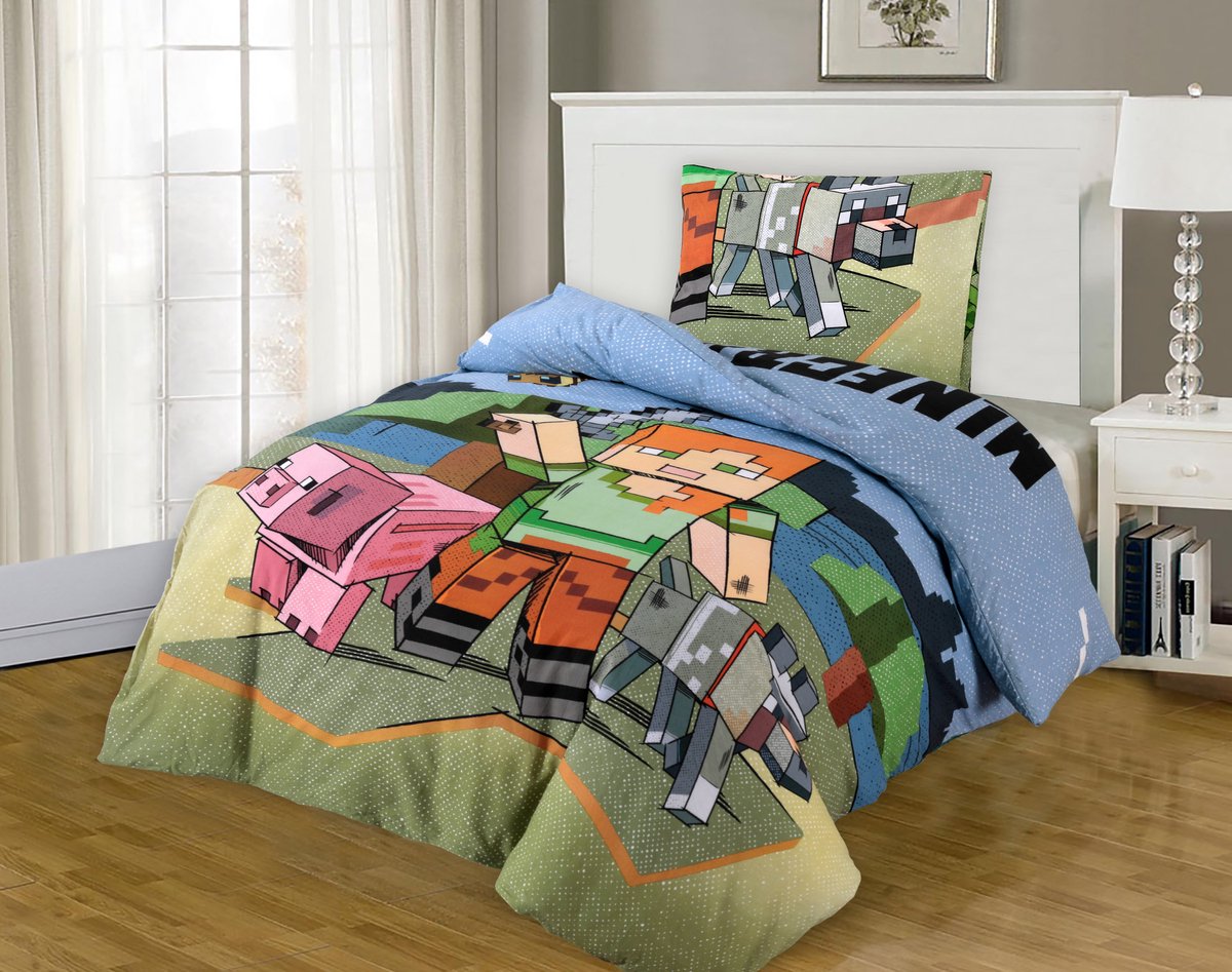 Bed Glow & Apparel –Minecraft Beddengoedset | Dekbedovertrek 140x200 + Hoeslaken 90x200+25 + Kussensloop 60x70 | 100% Katoen | Minecraft