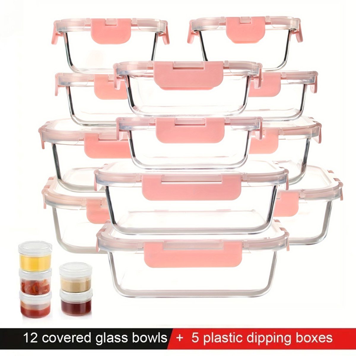 12 Stuks Glazen voedselbakjes( +5 saus doos) -Met luchtdichte deksels - Meal Prep Bakjes Set - Vershoudbakjes - Luchtdicht - BPA Vrij - Diepvriesbakjes - Bewaarbakjes - Lunchbox - Opbergbakjes- Lekvrij - Roze