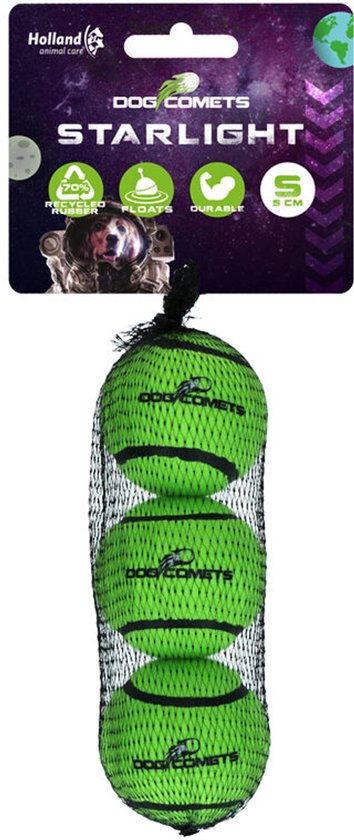 Drie felgroene Dog Comets Starlight tennisballen van 5 cm, met zwarte strepen, verpakt in een net.