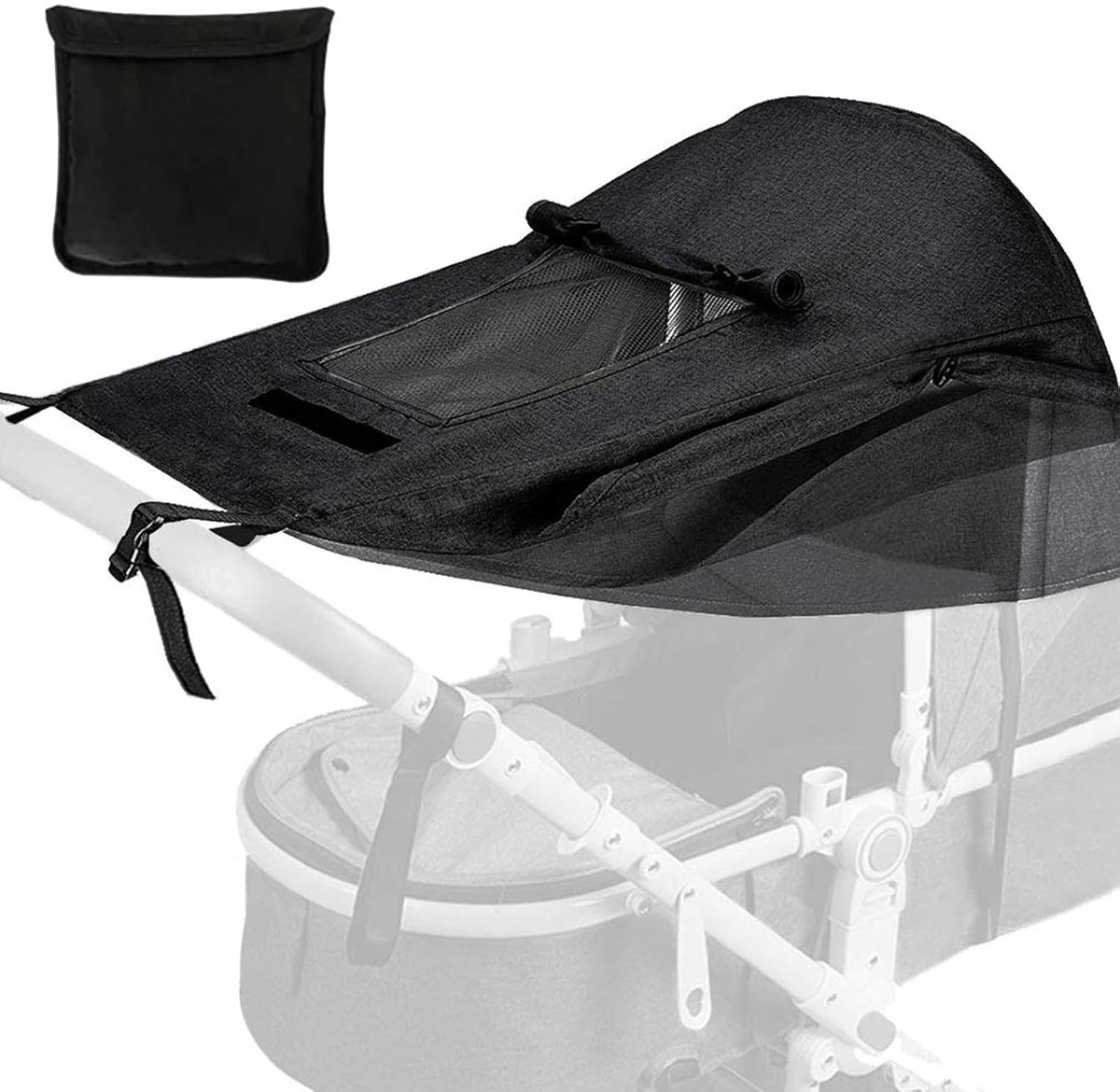 Zonnescherm voor kinderwagen, zonnebescherming voor kinderwagens, universele verstelbare zonwering met venster UV 50+ waterdicht zwart