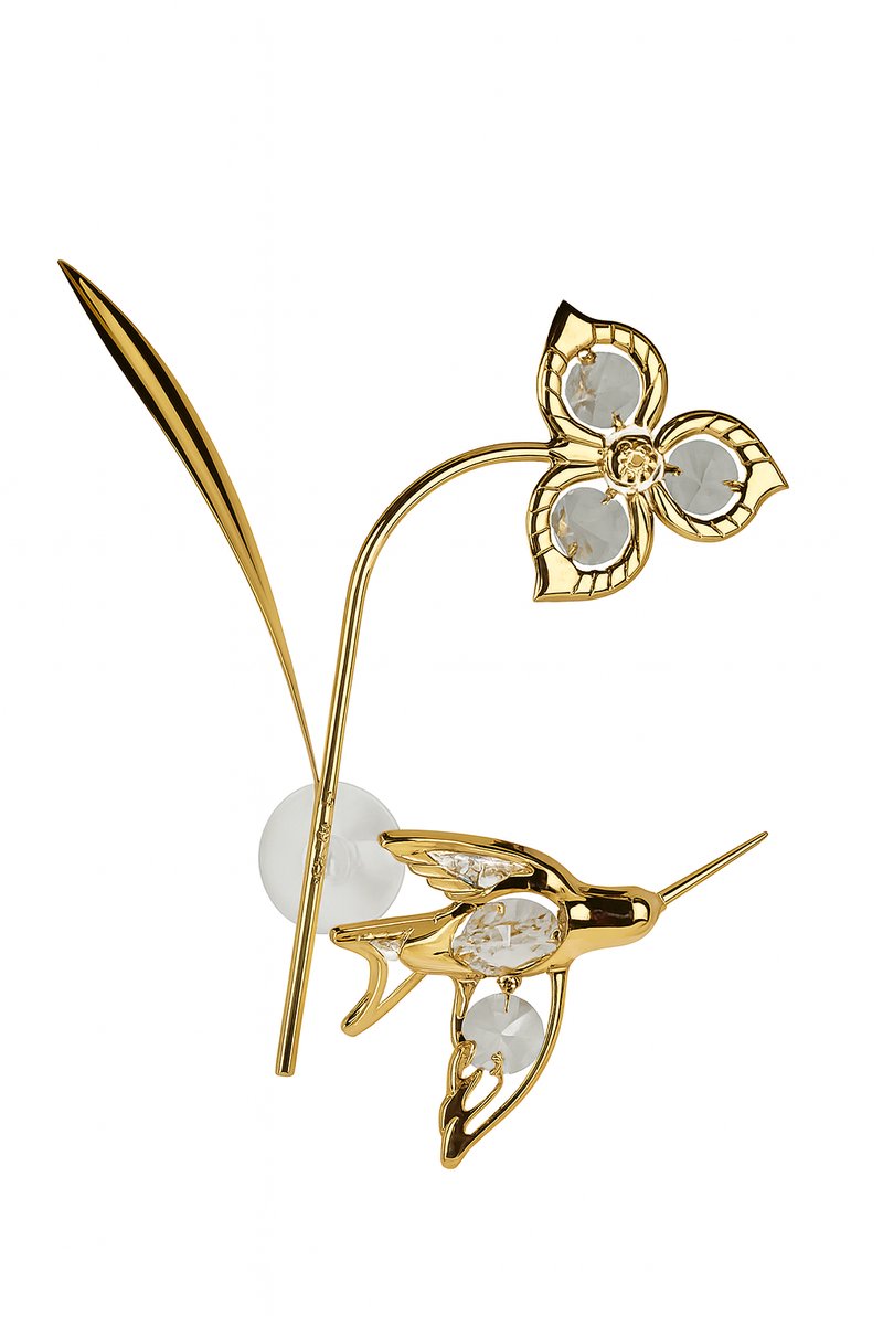 24K Vergulde Hummingbird Blossom – Luxe Kristal Decoratie met Zuignap