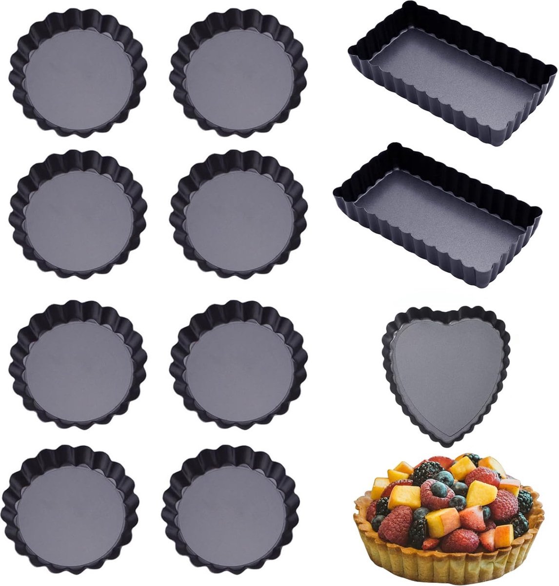 Stunq® Twaalfdelige Set Bakvormen voor Taartjes, Quiches en Soufflés met Unieke Losse Bodem