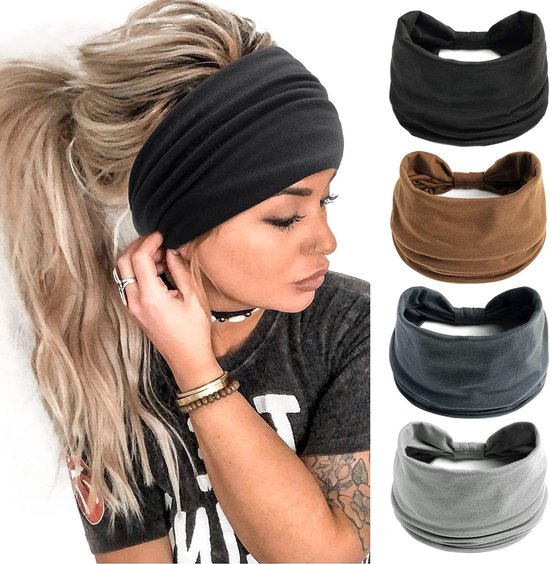 Hoofdband- Haarband winter dames - Hoofdband sport - Zweetband hardlopen Dames- Brede buikspierhoofdband - Dames - Oversized hoofdband - Haarband - Gedraaide hoofdband - Haaraccessoire -workout hardlopen - Vakantiecadeau - 4-Pack