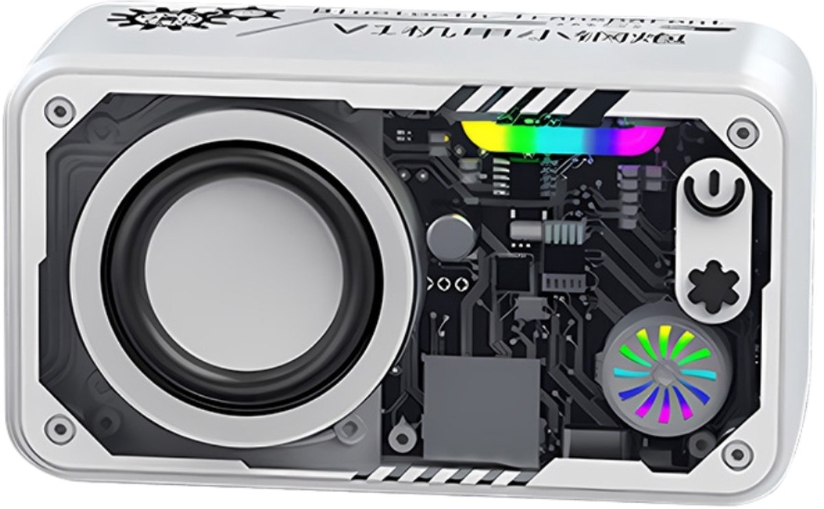 Fivesquare SteelCannon RGB Speaker – Mini Bluetooth Speaker met Transparant Industrieel Design, 5W Bass & RGB Ambient Licht Wit