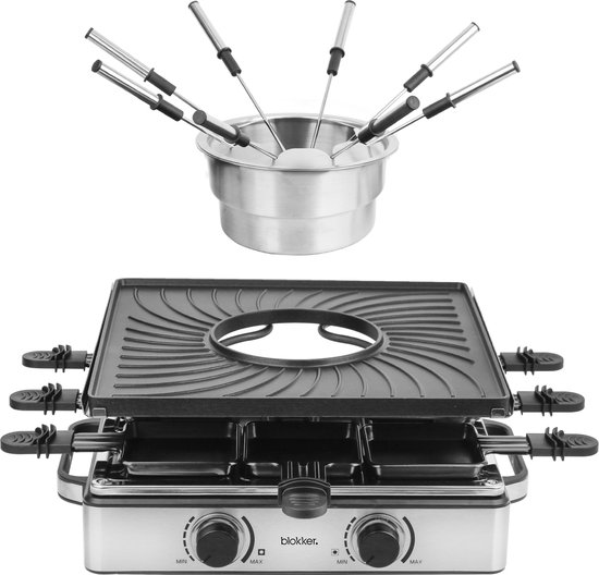 Blokker Raclette Grill - Gourmetset - Kaasfondue - 8 Pannen - Indicatielampje - Regelbare thermostaat - ILAG Coating - Aluminium grill - 8 spatels - Fondueset - 1500W - RG-131577.2 Zwart — afbeelding 2