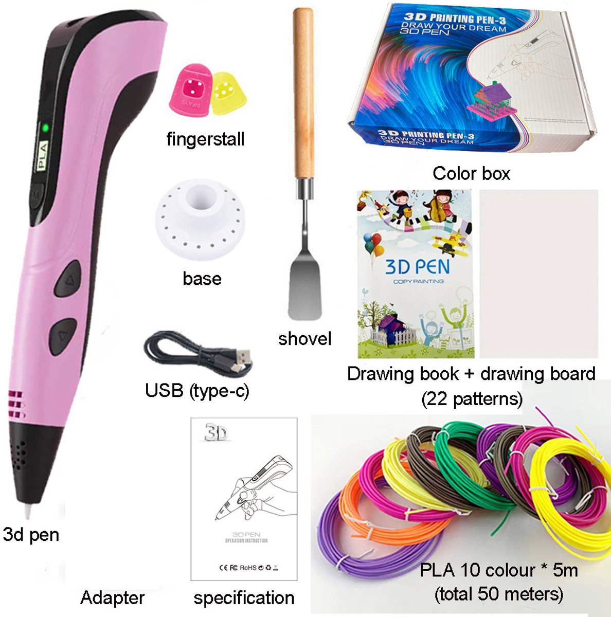 3D pen - 3D pen kinderen - 3D pen starterspakket - Met LCD-scherm - 10 kleuren x 5 meter kabel - DIY Educatief 3D Schilderen en Tekenen - Beste verjaardagscadeau - Nieuwjaarscadeau - Roze